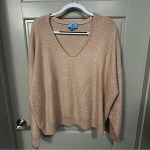 CeCe Sparkling Tan V-Neck Sweater
